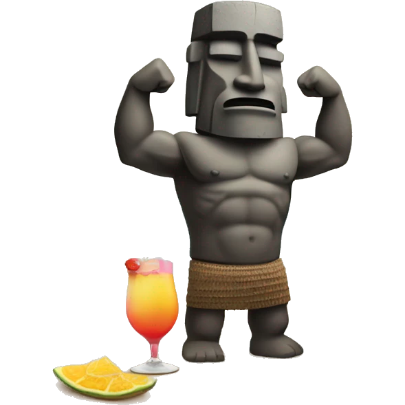 MOAI FLEXING MUSCLE ON BEACH VACATION WITH COCKTAIL emoji