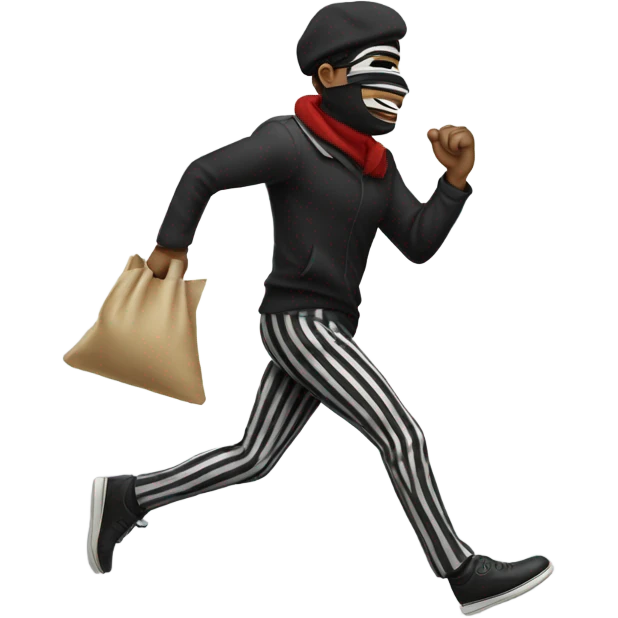 a crook with a black eye mask and striped clothing, side profile as he’s running with a bag of money over his shoulder emoji