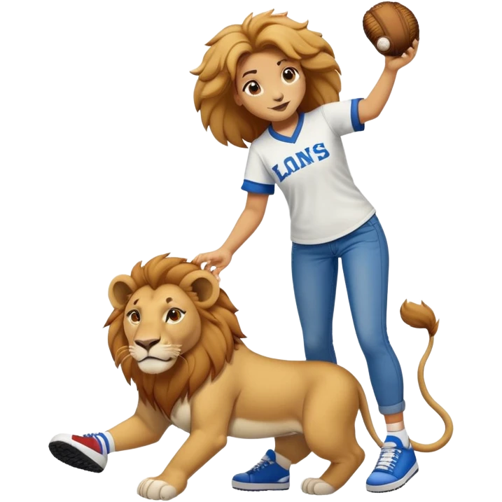 friendly anthropomorphised female lion wearing a baseball shirt, jeans, and trainers, helping another character up after falling down emoji