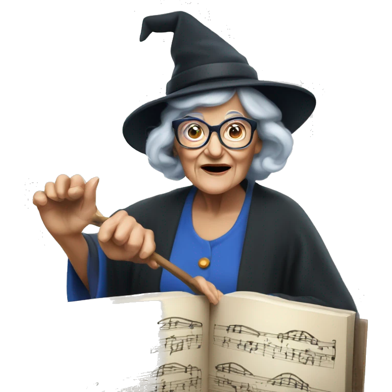 smart granny witch with glasses and blue hat directing orchestra emoji