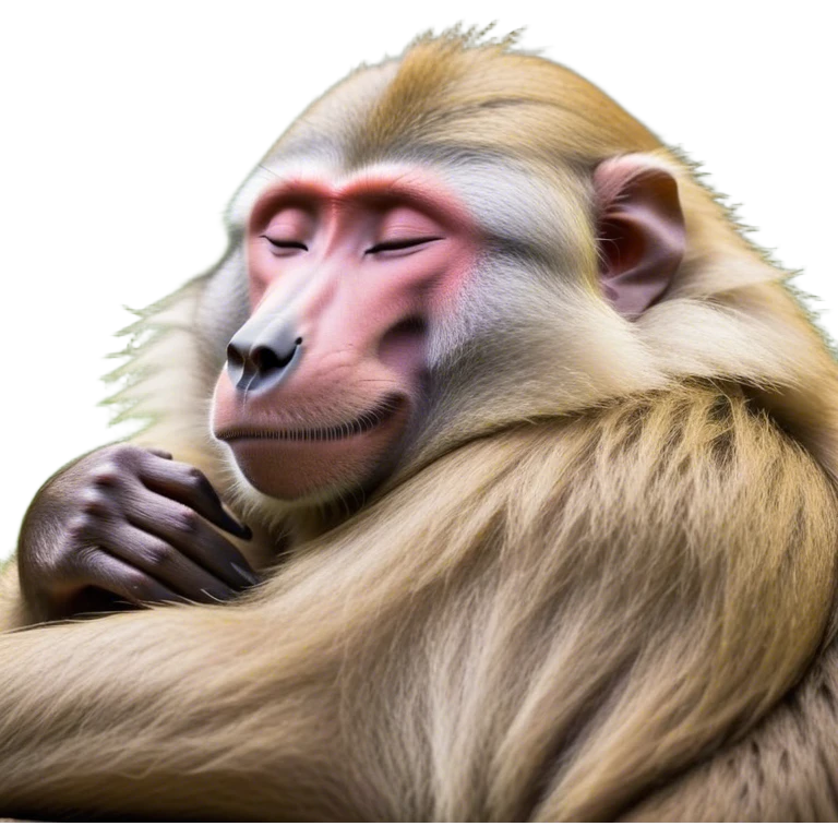 Meme-Worthy Cute Sleeping Baboon Portrait Emoji, Head resting peacefully with a contented smile, showcasing a robust build and a luxuriously soft Fur of earthy browns, eyes shut in a serene, restful nap, Simplified yet hilariously adorable features, highly detailed, glowing with a soft, drowsy light, high shine, relaxed and utterly lovable, stylized with an air of playful laziness, bright and heartwarming, soft glowing outline, capturing the essence of a comically sleepy baboon, so meme-worthy it feels like it could instantly become the next viral sensation of adorable slumber! emoji