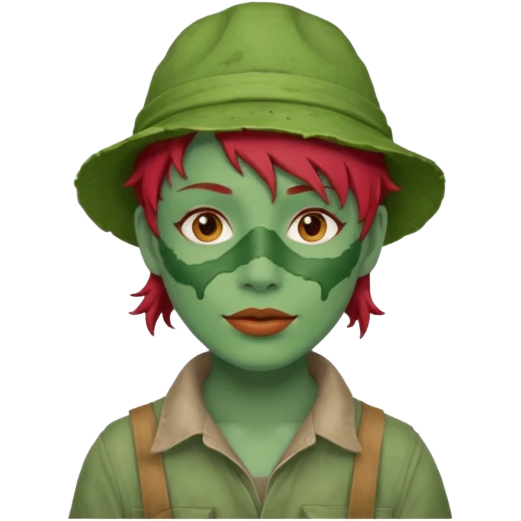 messy green full face green clay mask and tourist hat red hair  emoji