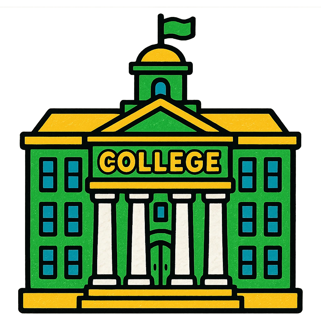 college building, classic look, green gold and white color scheme, elegant lines, decorative details emoji