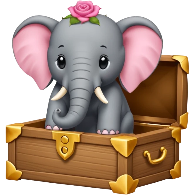 Une boite à trésor ouverte, avec un éléphant rose qui sort sa tête emoji