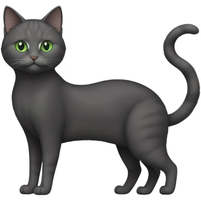 full body gorgeous solid dark grey cat with green eyes, white paws and white whiskers stretching like a cat emoji