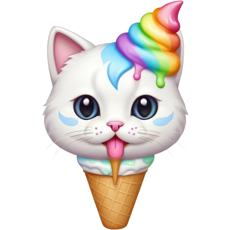 A cute white cat licking a colorful. Ice cream  emoji