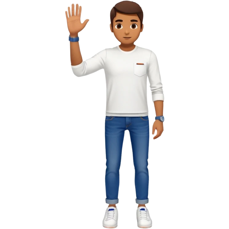 Human wearing white shoes and white shirt and blue jeans and wearing a navy blue SuperDry mark watch on his left hand emoji