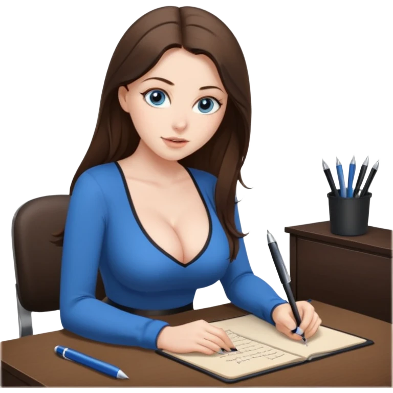 sexy woman brunette, very large breasts, pale skin, blue eyes, long brown hair, tight pale low cut  blouse, short black skirt. at desk emoji