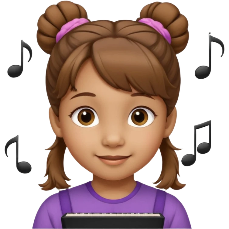 Niña de 4 años con ojos marrones claros, pelo castaño claro con dos moños altos y pelitos sueltos a modo de flequillo, nariz chata y risueña. Con nota musical emoji