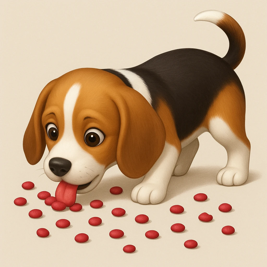 Beagle eats red food scattered on the floor, iphone emoji style, no bowl emoji