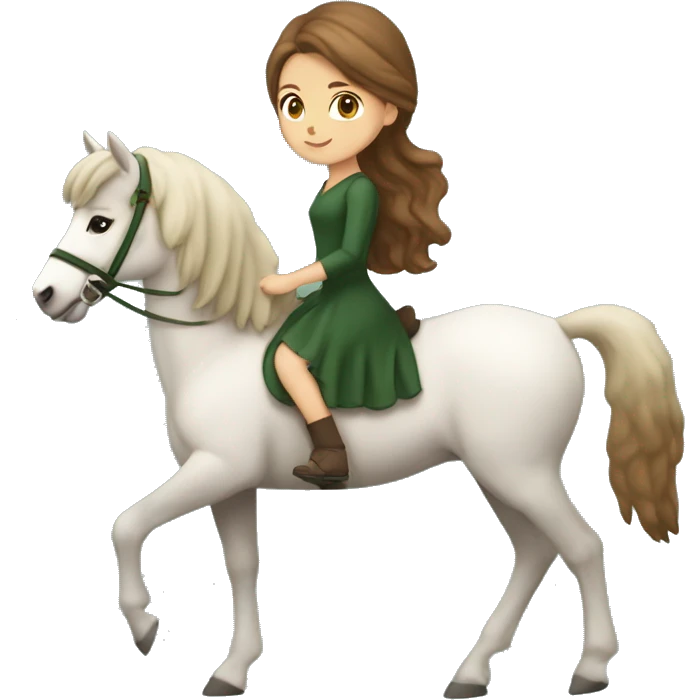 White girl with brown hair and a beautiful forest green dress riding a cute Haflinger  emoji