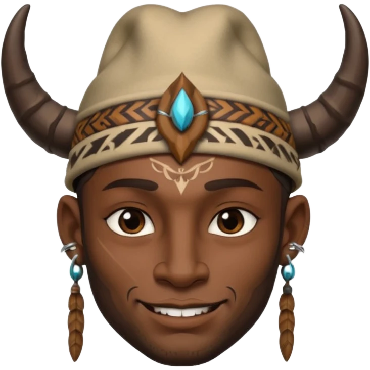 Man with horned hat — tribal tattoos, smirk. emoji