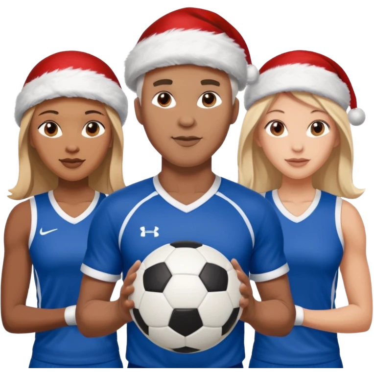 3 atletas, um homem no meio e duas mulheres com cores de pele diferentes, usando elementos esportivos, bola de futebol e bola de vôlei. Coloque um chapéu de papai noel das cores verde e com roupas azul e branco emoji