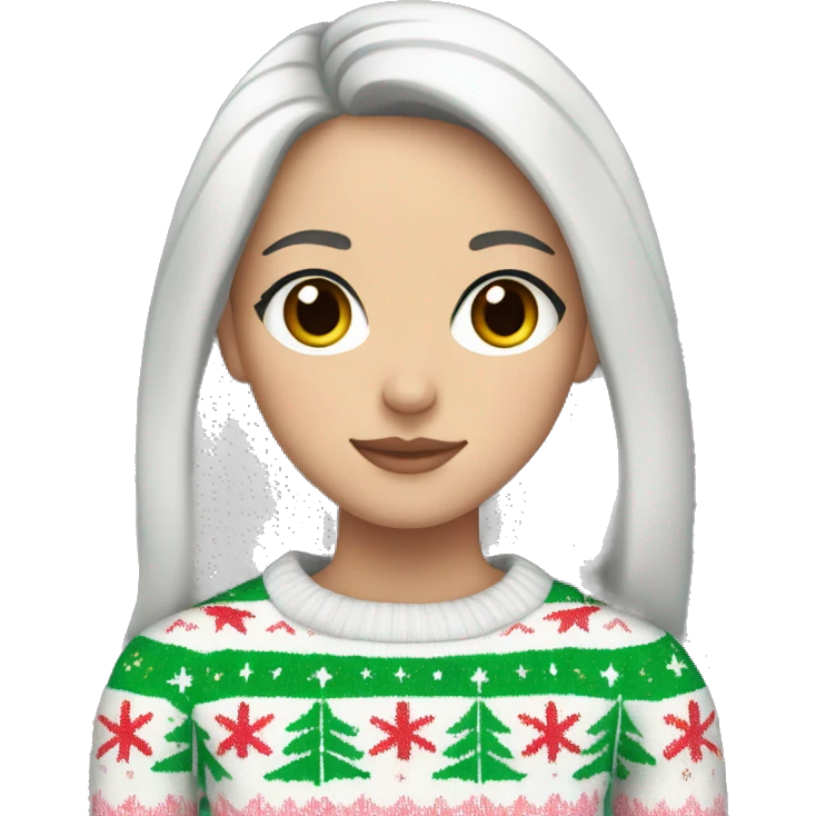 White girl with black hair wearing a Pastel Christmas sweater emoji