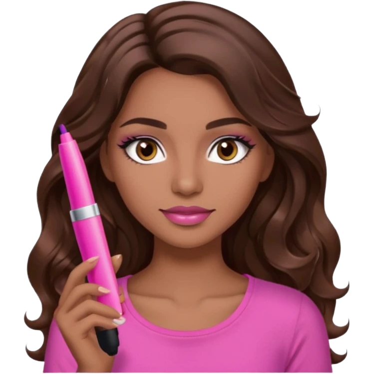 gorgeous woman, light brown skin, dark brown eyes, long wavy brown hair, pink top, wearing clear lipgloss and mascara  emoji