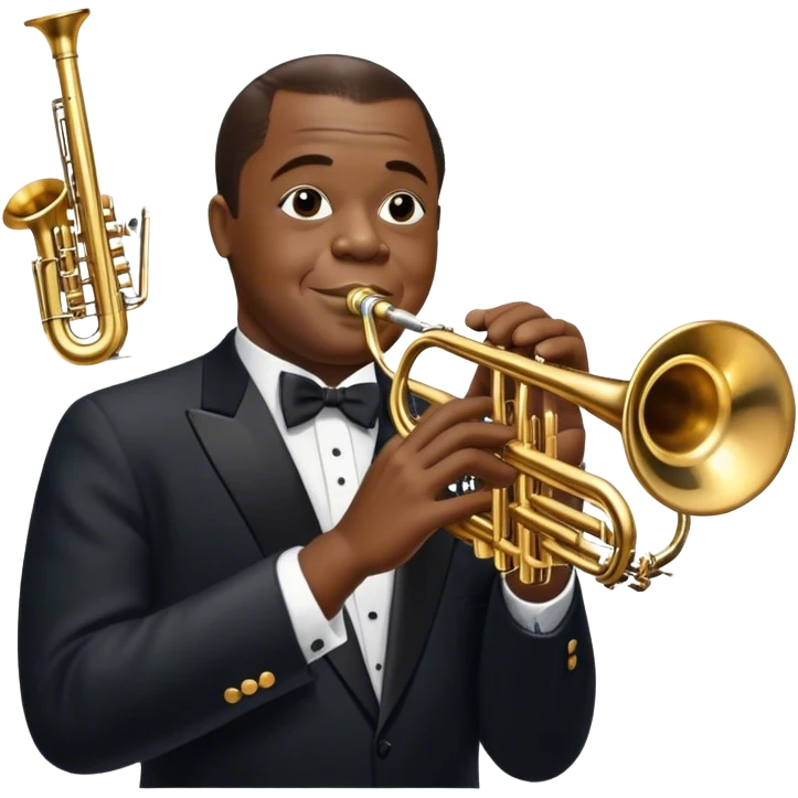 Icon for Jazz Music: Louis Armstrong with his trumpet in front of a jazz orchestra. Include musical instruments like a saxophone, trumpet, and piano, with floating musical notes around. The design should capture the smooth and soulful vibe of jazz. Transparent background. emoji