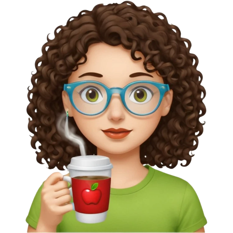 White girl with dark brown curly hair, brown eyes, sky blue glasses, nose ring, apple green t shirt, drinking coffee from a glass cup emoji