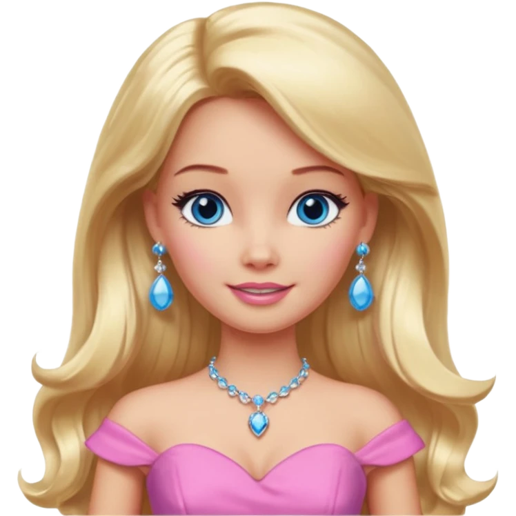 barbie, long blonde hair, pink dress, with blue eyes,different dress,ear rings, jewelry, different face expressions. emoji