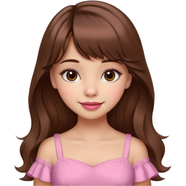 A cute girl with medium skin, soft pinkish cheeks, large bambi dark hazel eyes with long eyelashes, long wavy brown hair with bangs, medium straight nose with a soft tip, medium natural red lips, very feminine and pretty features, wearing a beautiful pink dress.l emoji