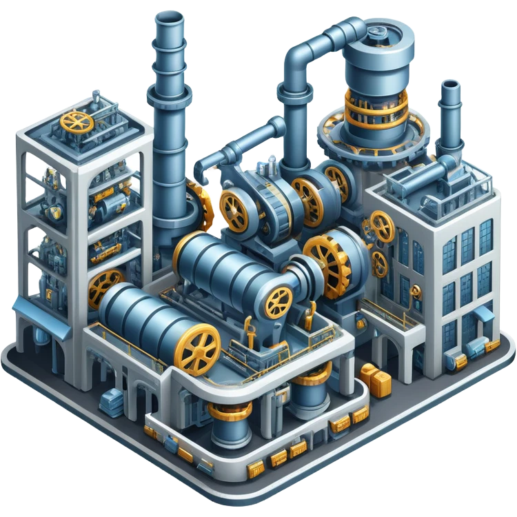 An icon featuring a giant factory with industrial machines and assembly lines, symbolizing mechanical engineering. The design includes gears, robotic arms, and blueprints, representing the creation of machinery and complex systems. Transparent background highlights innovation in manufacturing emoji