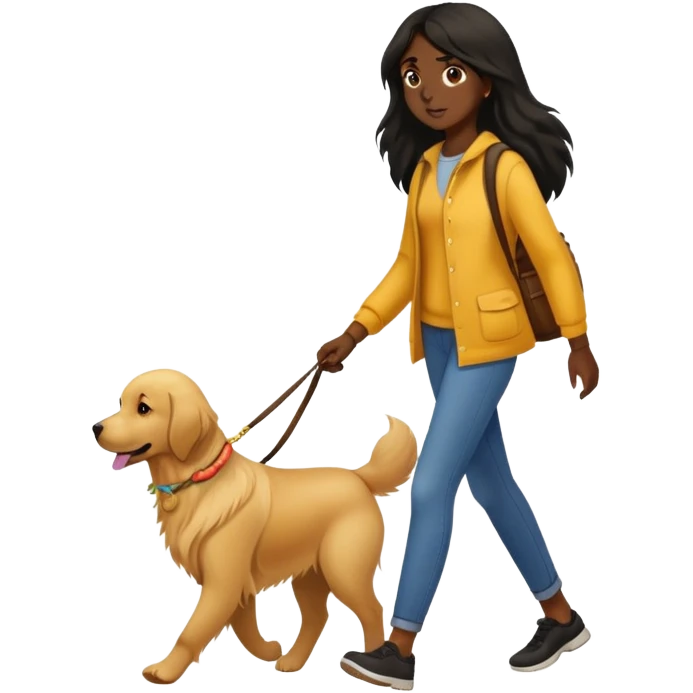 Black-long-haired girl walking with a golden retriever emoji