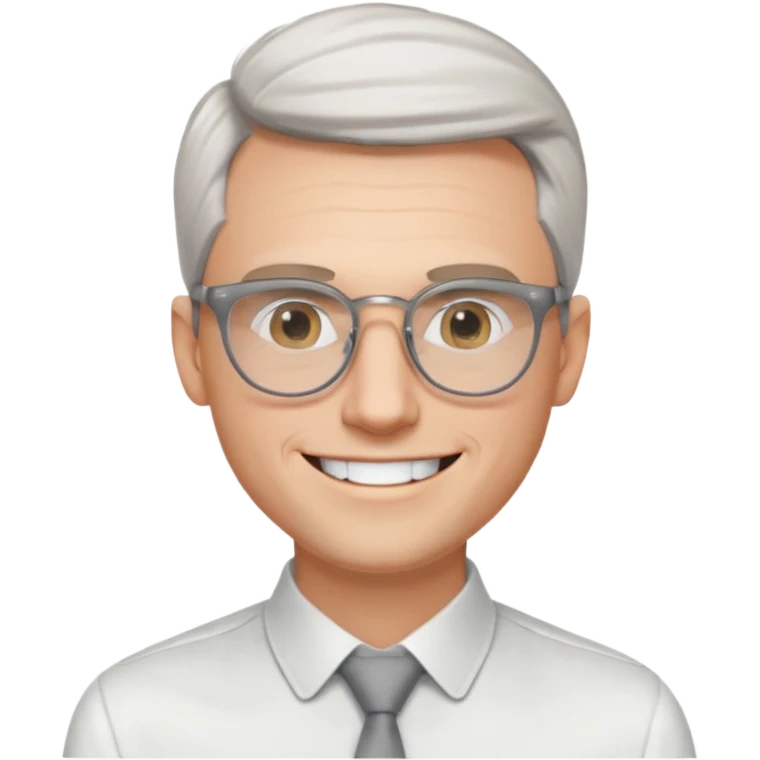 30 yr old pale white man, white/grey side swept stylish hair, round glasses, big smile, white teeth, handsome, longer hair, thin glasses, white dress shirt, smooth forehead, botox, no tie, open collar emoji
