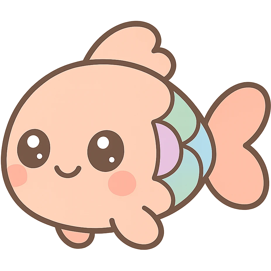 small friendly fish with big eyes, colorful scales, cartoon style emoji