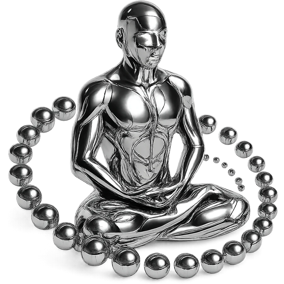 chrome style figure meditating in the lotus position, surrounded by multiple reflective metallic spheres arranged in a spiral pattern, highly polished emoji