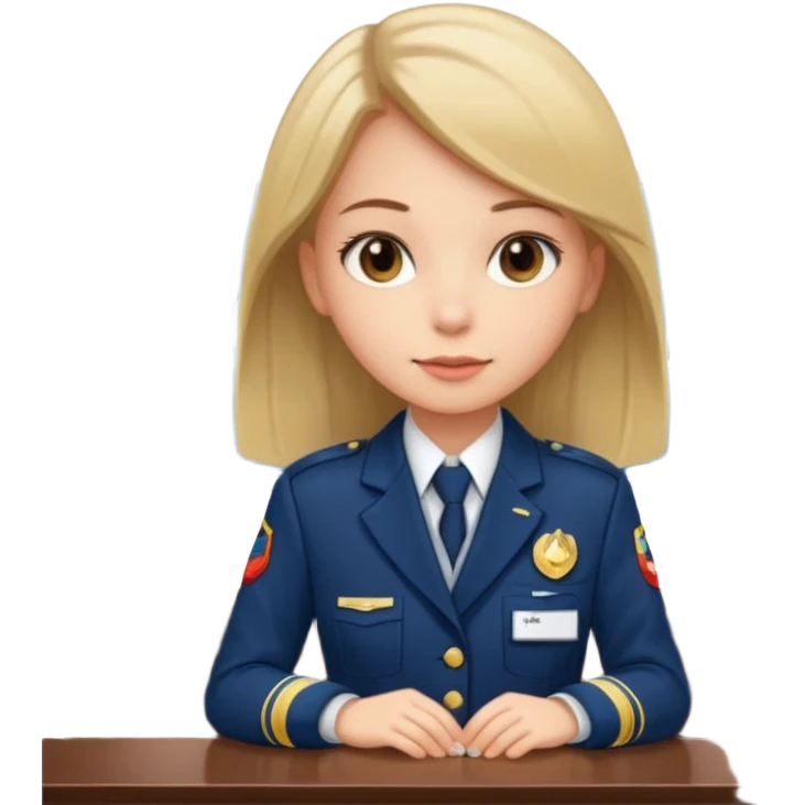 Reception Young girl, straight hair, wearing uniform jacket with hotel name badge, tasteful scarf, stand behind the desk

 emoji