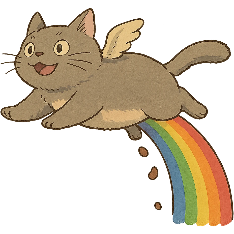 ghibli style flying cat pooping rainbows emoji