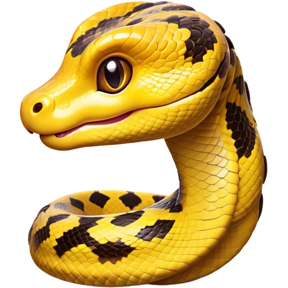 Cinematic Cute Python Portrait Emoji, Head tilted playfully and inquisitively, with a sleek, patterned body accented by vibrant scales and round, sparkling eyes full of charm, Simplified yet irresistibly adorable features, highly detailed, glowing with a warm, inviting glow, high shine, affectionate and lively, stylized with a touch of exotic whimsy, bright and endearing, soft glowing outline, capturing the essence of a mischievous yet loving python that seems as if it could slither out of the screen into your arms! emoji