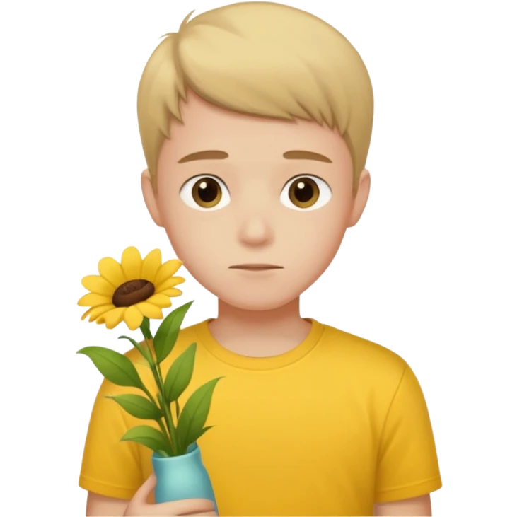 generate an ios genmoji of a 20 year old fair boy with faint upper lip hair (brown). should look like he cant grow a mustache., carrying a flower bouquet, wearing a yellow tshirt, looking shy emoji