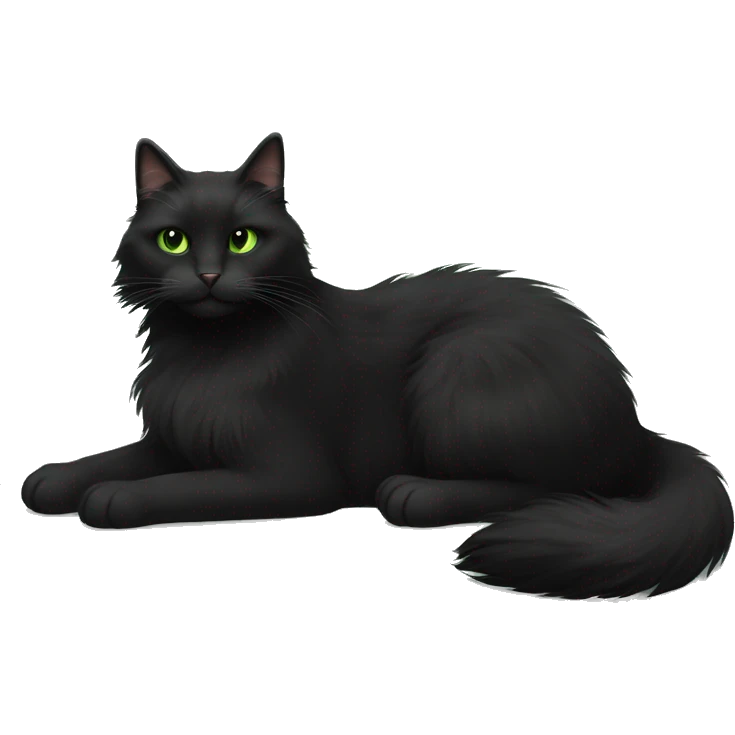 Black extra furry long haired cat fluffy tail fully body laying down with light green eyes emoji