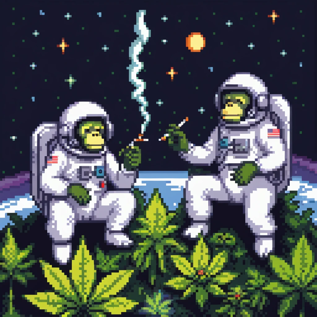 multiple apes in space suits floating and smoking weed emoji