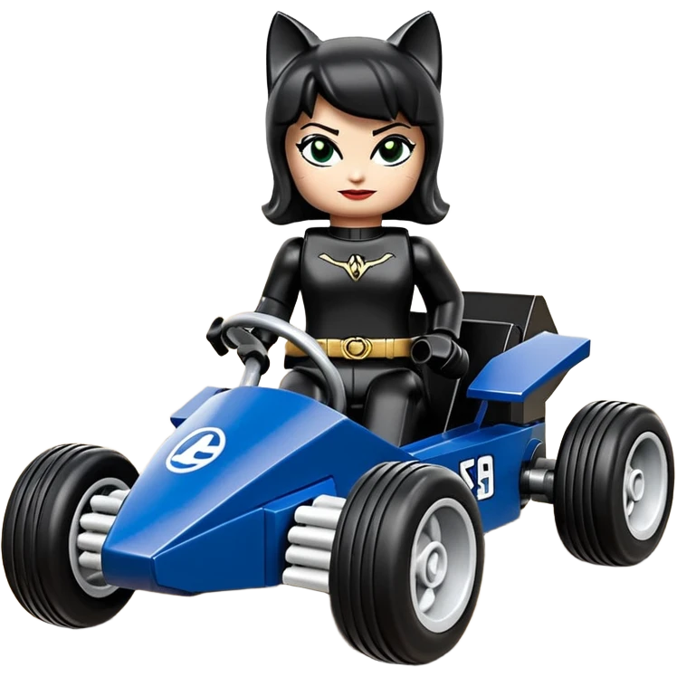 full size real-appearance road racing sexy buxom CatWoman’s feminine midnight-colored tight outfit sixty’s tv show dark stealthy accurate sporty safe plush deluxe Lego off-road pursuit drifting car lexus (black hair,reclining and relaxed torso and shoulders back against seat) rallycross kart  emoji