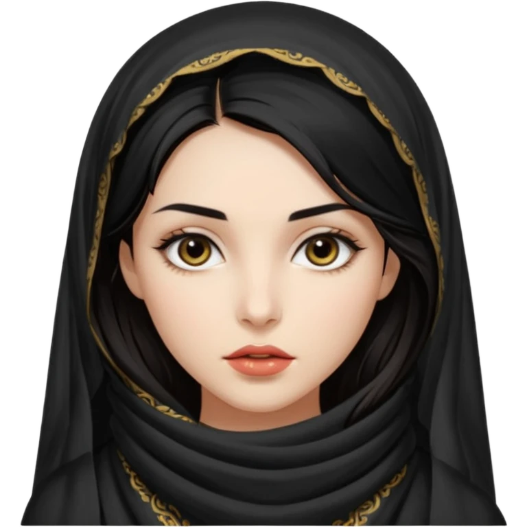 Apariencia: Mujer joven, morena, de gran belleza y porte misterioso.
-Rostro: Ojos grandes y negros, mirada intensa y fija; labios marcados.
-Cabello: Negro, largo y brillante, suele ir cubierto parcialmente por un velo o pañuelo oriental. Cuerpo conpleto emoji