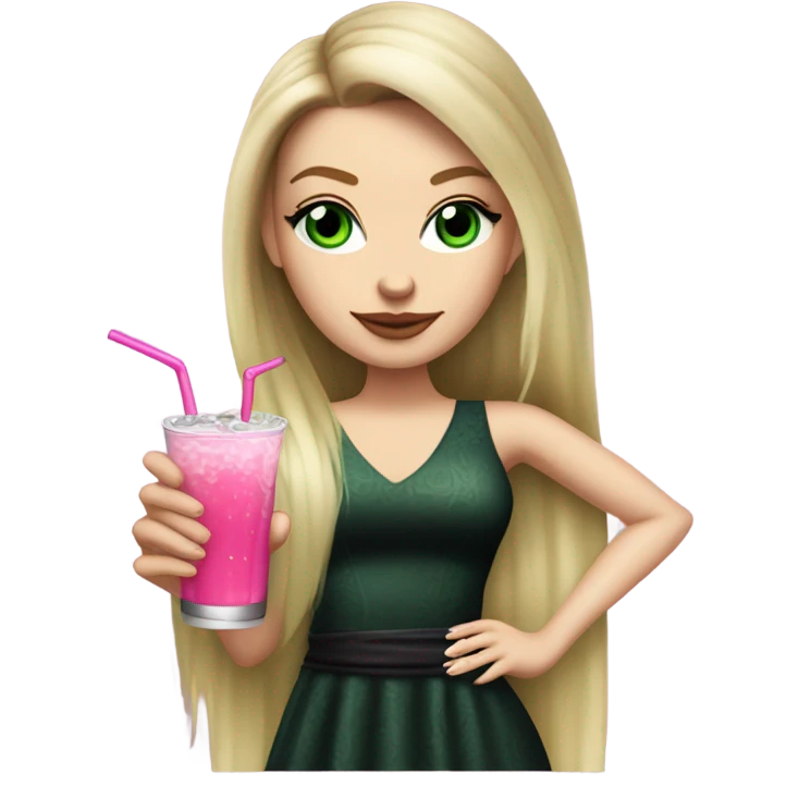Realistic White girl with Long straight blonde hair, green eyes, tattoos, full body wearing dress and High heels, holding pink drink emoji