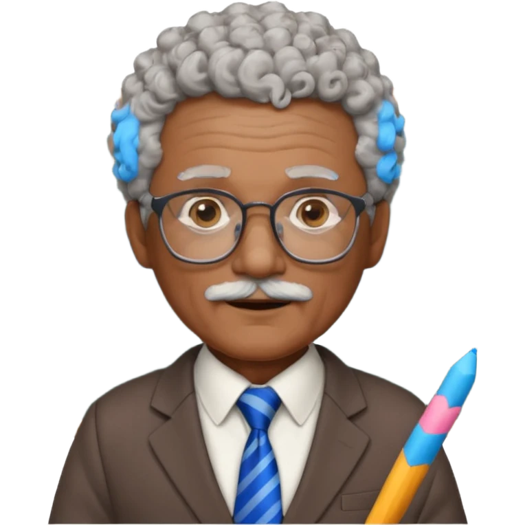 old man teacher, brown skin, curly grey white hai, wearing glasses, brown suit, blue tie hold chalk on hand emoji