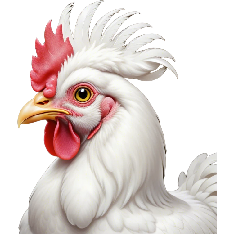 Cinematic Noble White Chicken Portrait Emoji, Poised and regal, with a compact, sturdy build and a pristine, well-groomed pure white plumage, deep-set soulful beady eyes, Simplified yet sharp and sophisticated features, highly detailed, glowing with a soft, dignified glow, high shine, intelligent and alert, stylized with an air of barnyard elegance, focused and attentive, soft glowing outline, capturing the essence of a watchful and confident fowl, so majestic it feels as though it could strut out of the screen with effortless authority! emoji