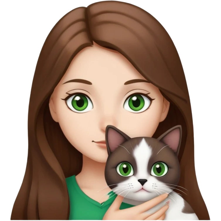 Create a girl with long brown hair and brown eyes holding a small black and white cat (even her nose is black) and green eyes emoji