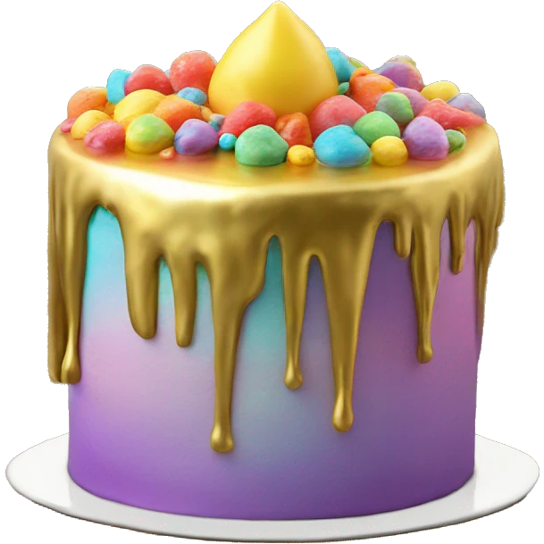 Realistic isolated colorful cake with metallic gold icing dripping from top and all down along the cake emoji