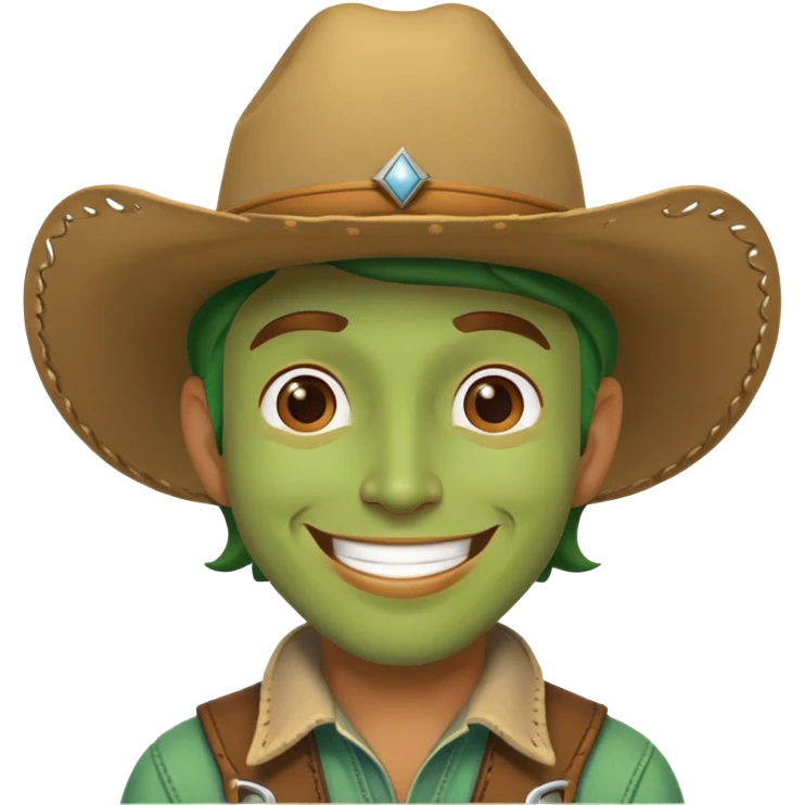 A green cowboy, smiling face with a cowboy hat and green skin emoji