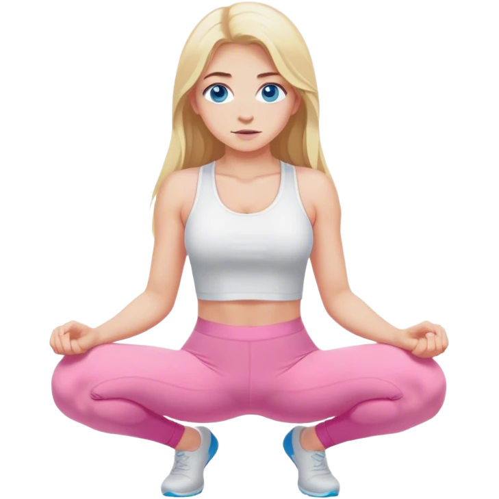 Cinematic realistic blonde with long hair and blue eyes, dressed in a white top and pink leggings, squats emoji