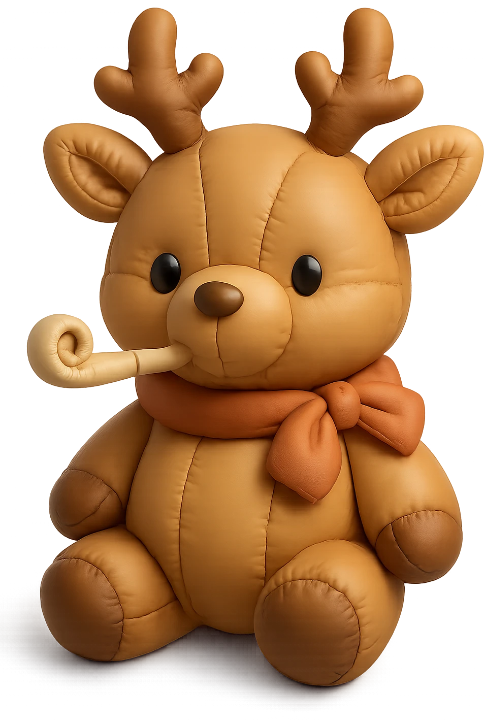 deer with a ribbon scarf holding a party horn emoji