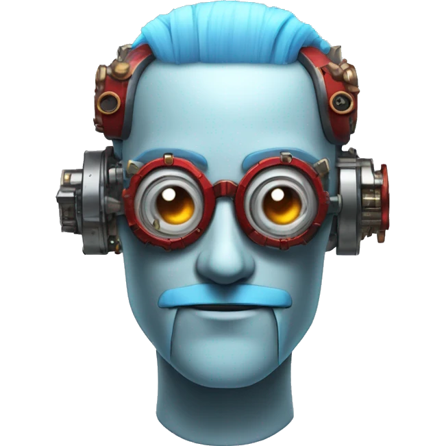  Short light blue haired male cyborg head with light blue beard, red steampunk goggles and circuits emoji