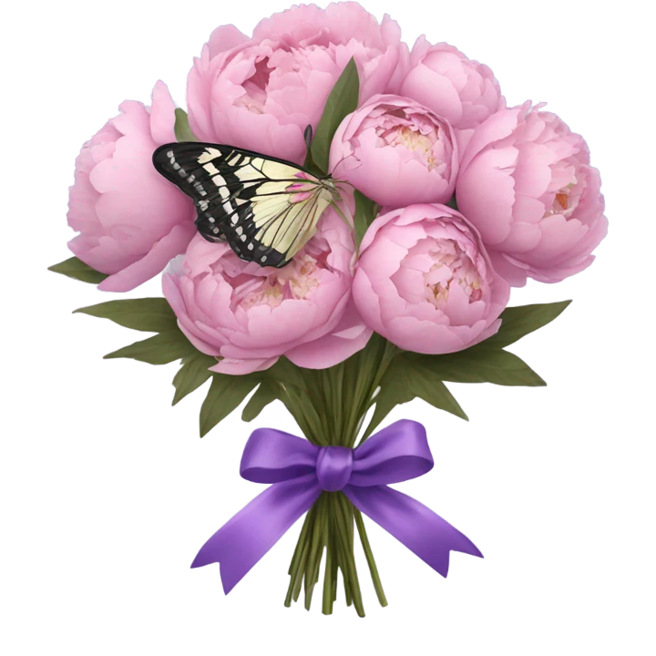 A purple silk ribbon tied around a bouquet of dried pink peonies , with a delicate pastel violet butterfly perched gently on the bow. emoji