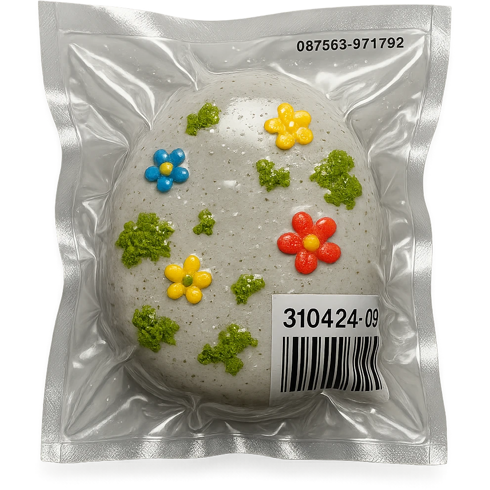 light gray stone with small colorful flowers and green moss, glossy and puffy emoji
