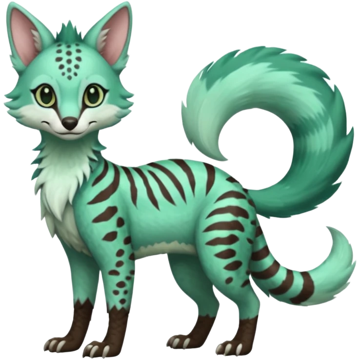 Feral Rare Fantasy brownie minty-cyan pastel-seafoam-green Hunter-forest-green  Vernid-Sergal-Genet-Trico-species by LiLaiRa, random markings, tufted tail, tufted ears, full body emoji