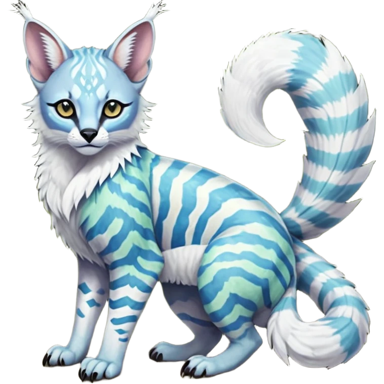 Colorful tropical tribal pale light fruity pastel white glorious iridescent divine exotic cute albino neon vibrant zigzagged cool beautiful fantasy-caracal-civet-genet-sergal-vernid-Gryphon-Cacomistle-Trico-oncilla-animal-Fakémon-hybrid-fursona (full body), facial markings,  emoji