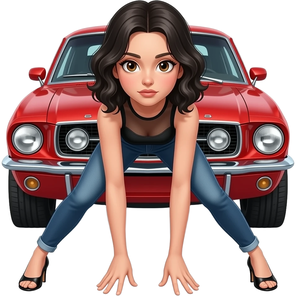 Girl with pale skin and wavy, jet-black hair and brown eye, standing hunched forward, looking straight ahead in front of a red 1968 Ford Mustang coupe. Girl wearing a sheer black sleeveless top, jeans, heels with visible toes. Her legs are wide spread, fingers touching her toes. emoji